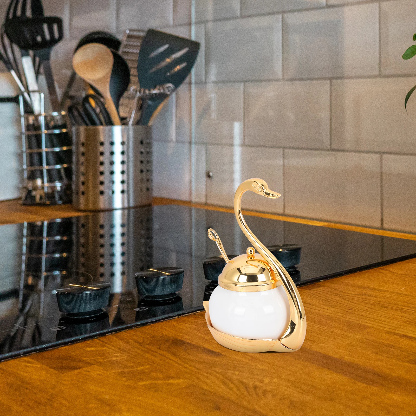 

Swan Sugar Jar Salt Container Aluminum Alloy Kitchen Storage Canister Seasoning Spice Home Office Restaurant Buffet Storage Jar