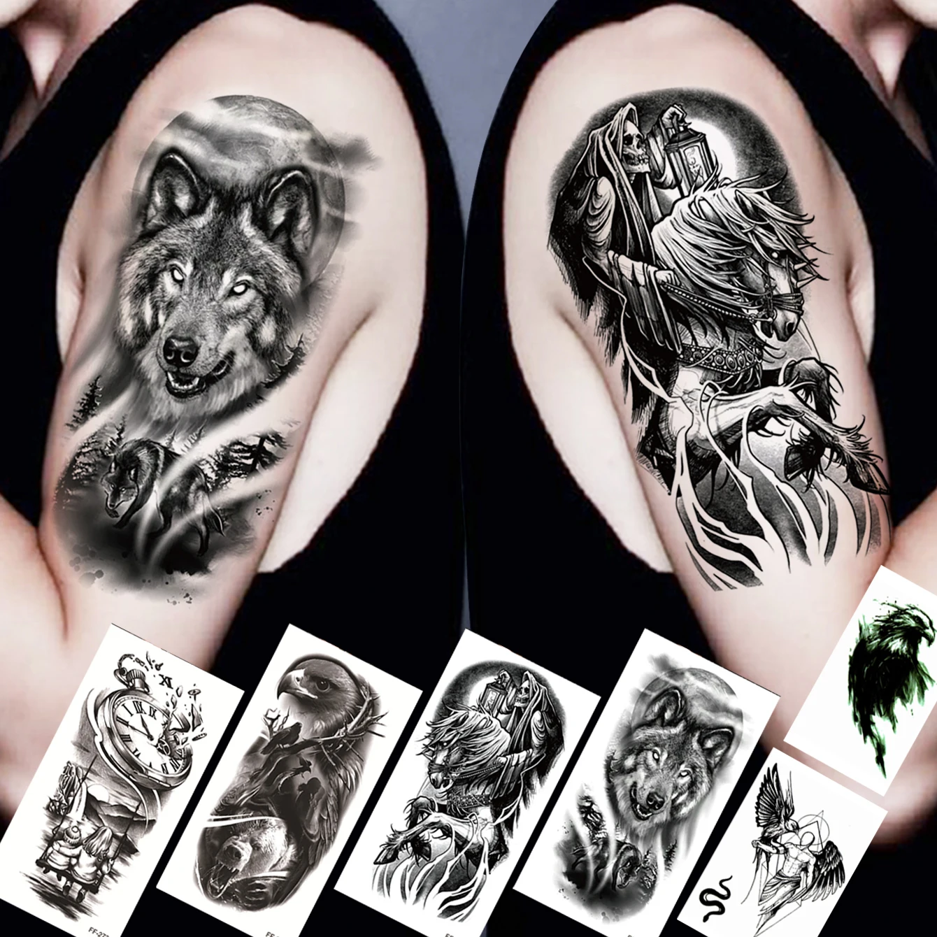 Waterproof Temporary Tattoo Sticker Dark Gothic Grim Reaper Wolf Eagle Clock Horse Fake Tatto Flash Tatoo Tato for Women Men