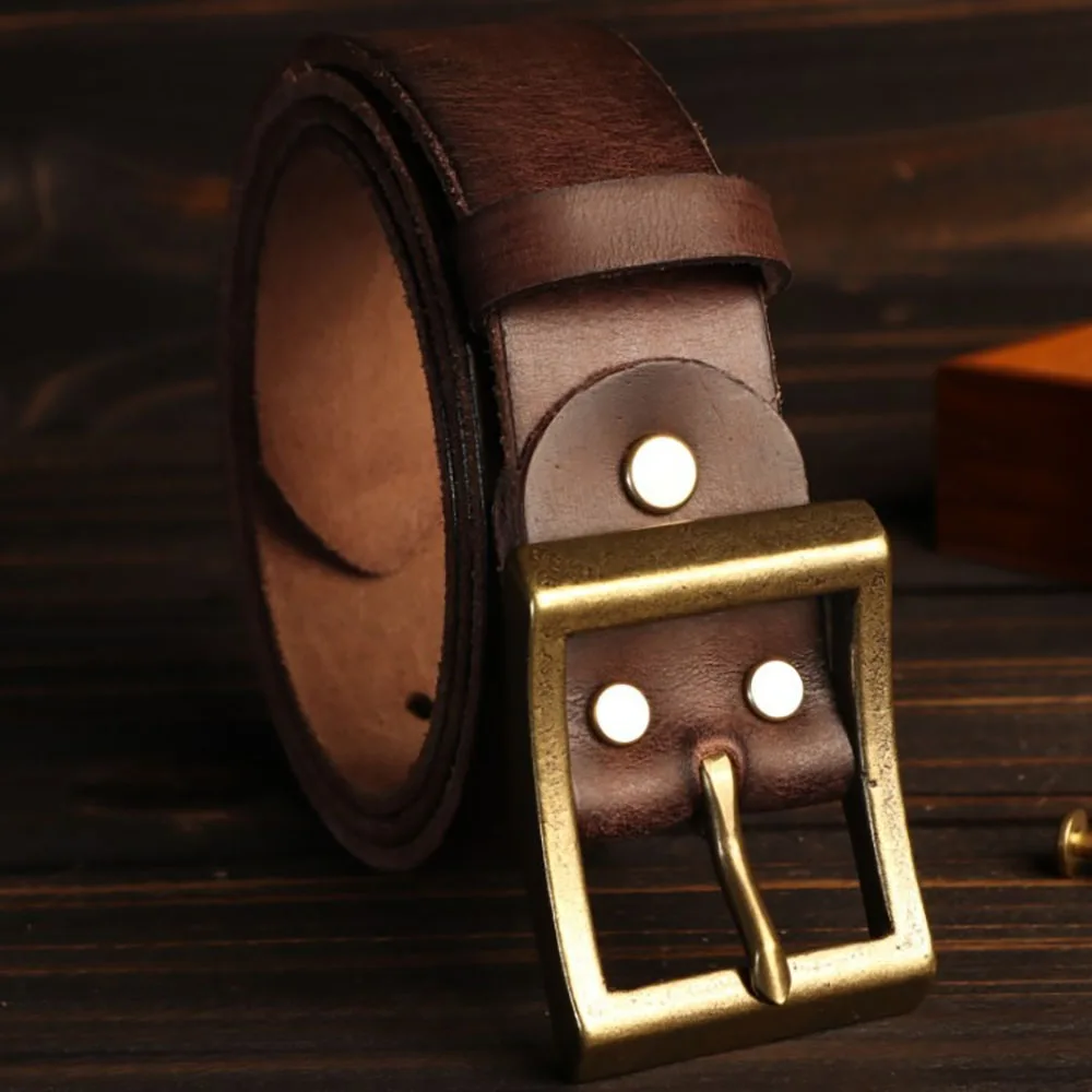 Vintage Style Handcrafted Cowhide Top Grain Leather Belt with Concave Brass Buckle 38mm Width