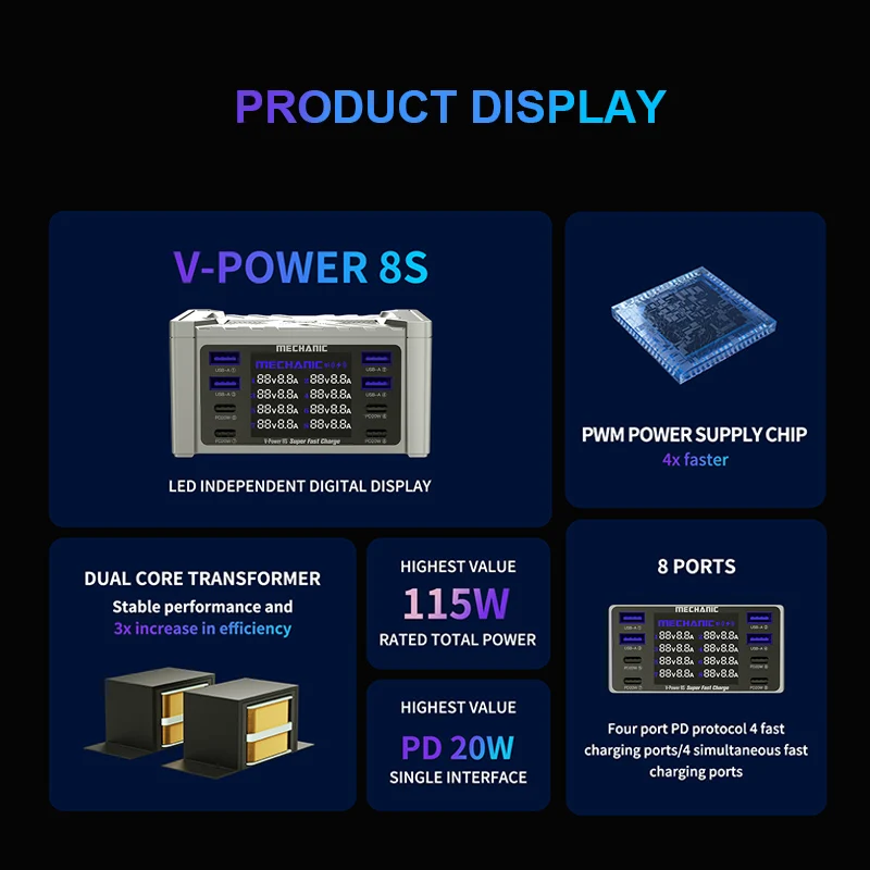 Imagem -03 - Mecânico V-power 8s 8pro Produto Eletrônico com Display Digital de Carga Super Rápida com Qc3.0 pd Usb Carregador Multiportas