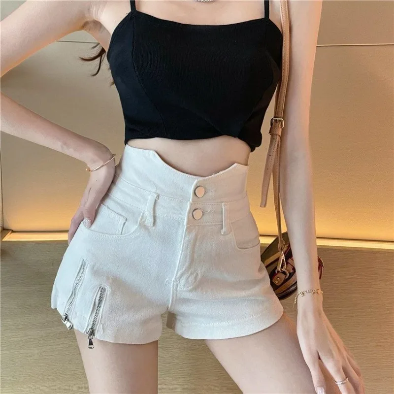 Denim Fabric Shorts Women's Summer New Versatile Design Zipper Trouser High Waist Thin Slim Wide Leg A-line Hot Short Jean Pants