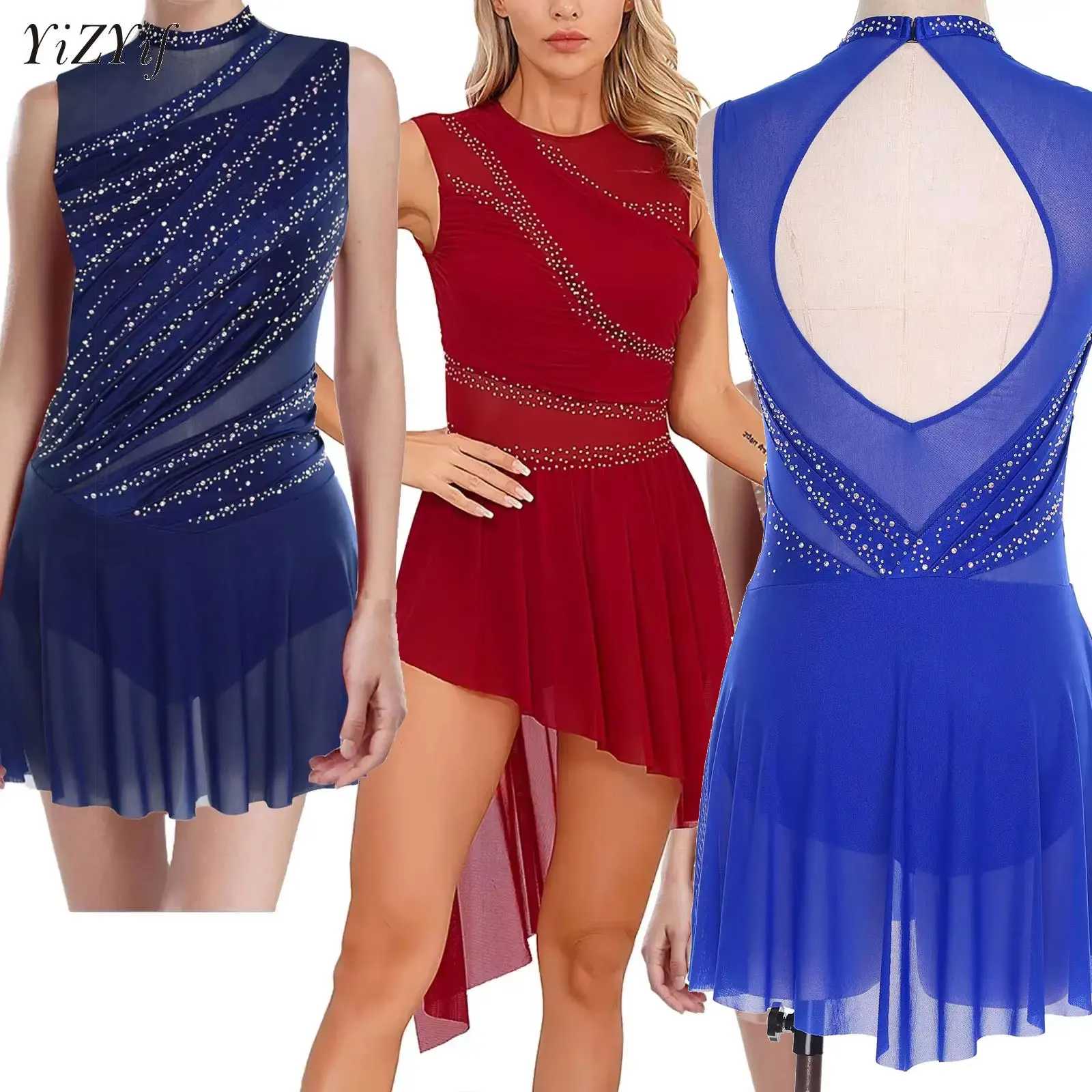 여성용 라인스톤 장식 리듬체조 레오타드 발레 무용 드레스 민소매 서정적 피겨 스케이팅 무대 공연 의상