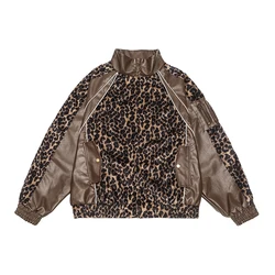 Leopard Leather Splice Y2k Jacket Men Women Streetwear Fashion Hip Hop Loose Casual Bomber Jacket Unisex Coat Outerwear