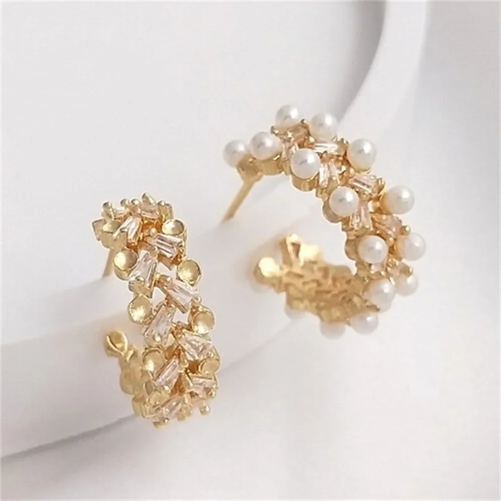 

14K Gold-coated Zircon C-shaped Adhesive Pearl Hollow Support Earrings S925 Silver Needle Earrings Handmade Diy Earrings E157