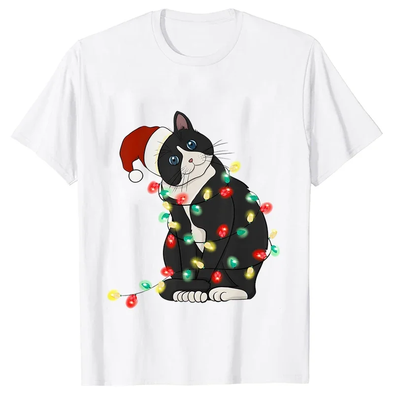 Modna modna koszulka z krótkim rękawem dla kobiet Śmieszne świąteczne światła Cat T-shirty Damskie koreańskie Casual Streetwear T-shirt