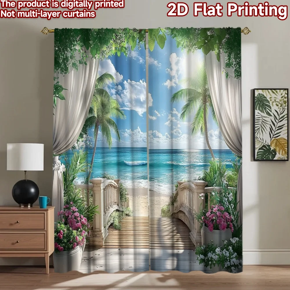 2D flat 2pcs Curtain Vintage drapes and curtains Tropical Beach View Durable polyester fiber Festive Holiday Perfect for Booths