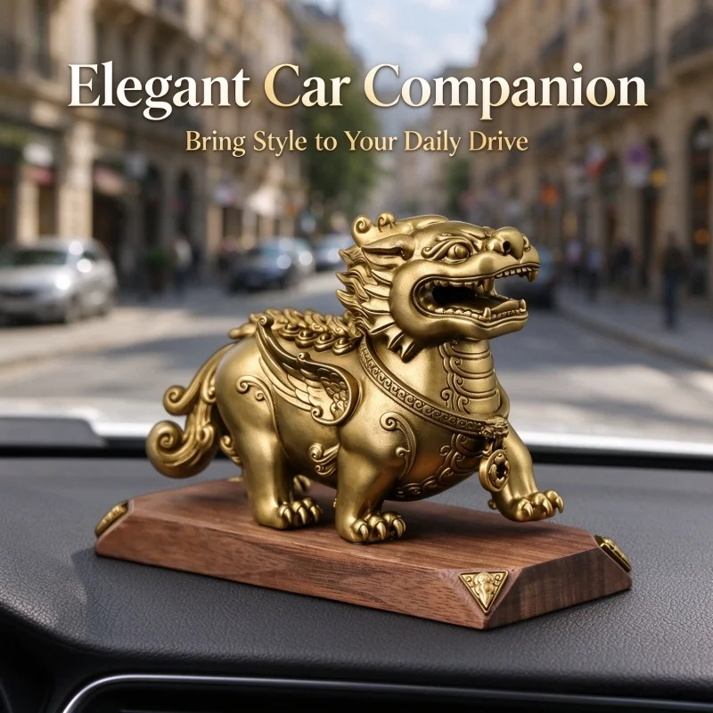 Brass Pixiu Statue Chinese Feng Shui Pi Yao Figurine with Wood Base Car Dashboard Desktop Table Decor Art Craft Collectible Gift