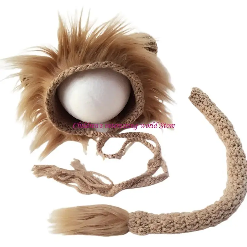 2 ชิ้นสำหรับเด็กอุปกรณ์ประกอบอุปกรณ์ Lion Hat Tail ชุดการถ่ายภาพทารกแรกเกิดเครื่องแต่งกายมือถักนิตติ้งเด็กผู้ชายชุดถ่ายภาพ 425f