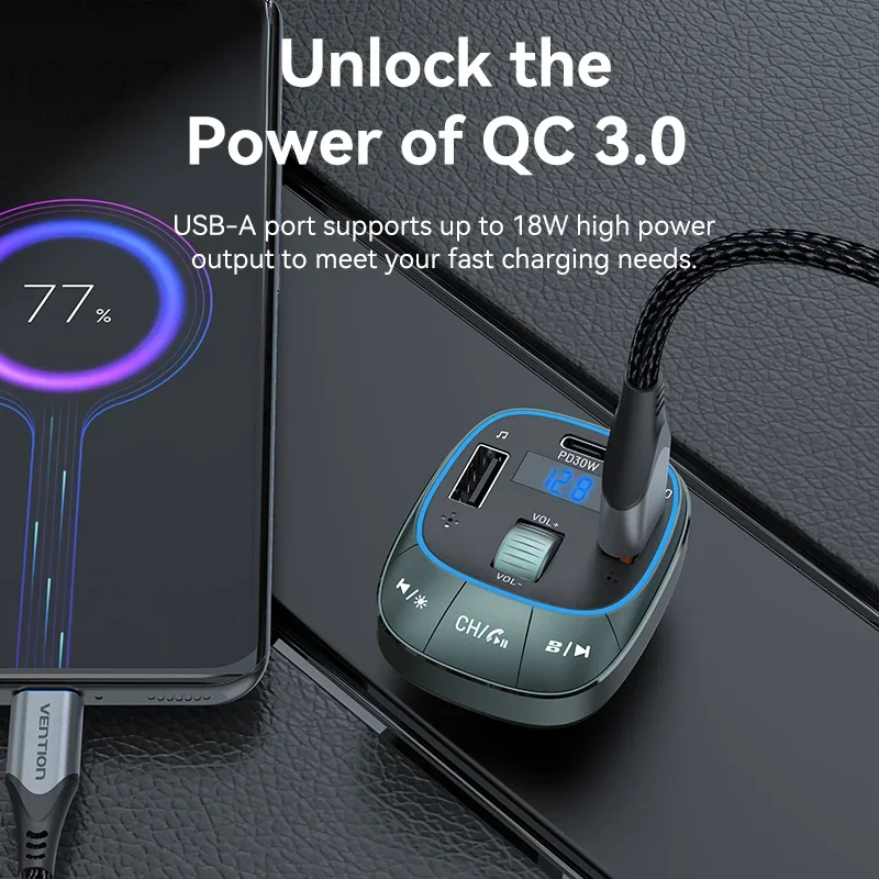 Vention Quick Charge Car Charger for Phone FM Transmitter Bluetooth 5.0 Car Kit Audio MP3 Player Fast 3 USB Car Phone Charger