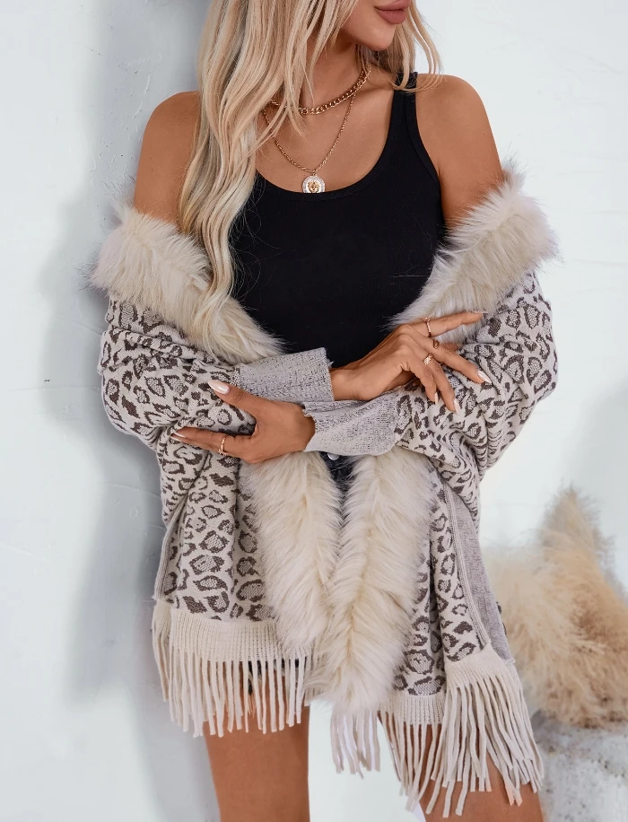 

Women's fashionable casual leopard print fur collar shawl knitted jacket loose bat sleeve sweater cape cardigan