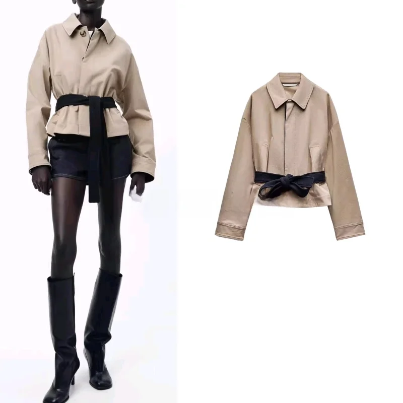 

New Autumn Commuter Sle Women's Jaet ort Svel Collar Zipper Closure Belt Decorated Long Sve ort Coat