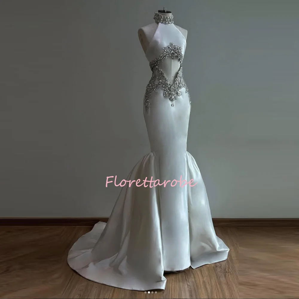 Luxury Crystals Wedding Dress Sexy Hollow Sleeveless Sheath Bridal Evening Gown Customized Halter Neck Long Promn Gowns Robe