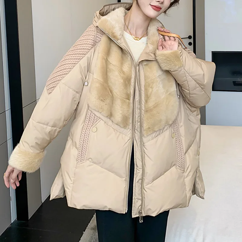 

2022 New Style Women Fashion Real Mink Fur Splicing White Goose Down Fur Coat Hooded Lightweight Warmth