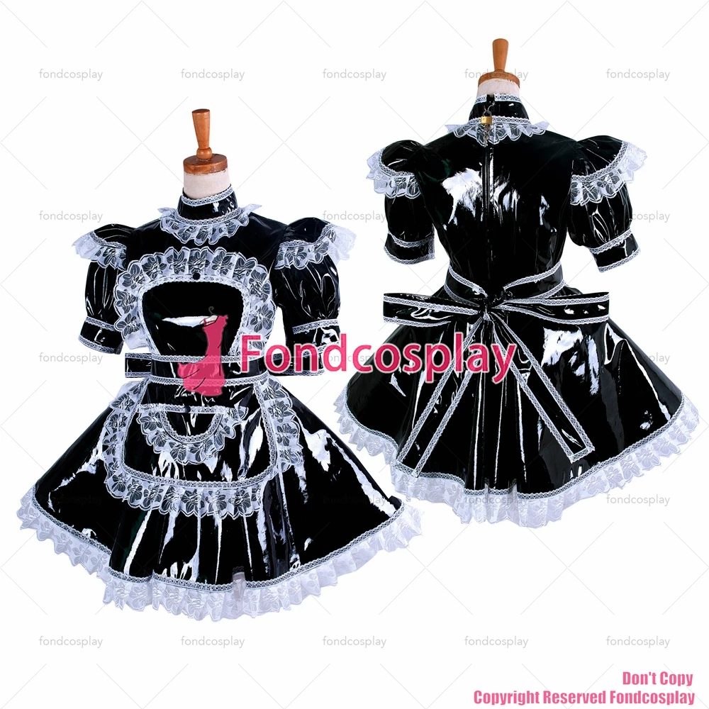 

fondcosplay adult sexy cross dressing sissy maid short Black heavy Pvc Dress Lockable Uniform Cosplay Costume CD/TV[G350]