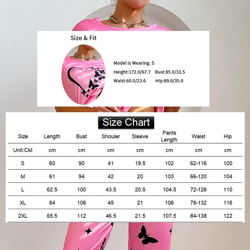 Women Pajamas Sets Sleepwear Summer 2 Pieces Pijama Short Sleeve Tops With Pants Set Butterfly Printing Pyjama Femme Loungewear