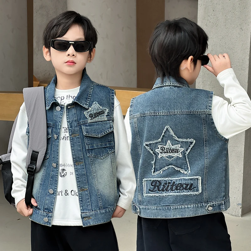 

Baby Boy Denim Vest Kids Spring Autumn Waistcoat Toddler Child Star Embroidery Top Boy Casual Fashion Blue Cowboy Vest Age 4-14Y
