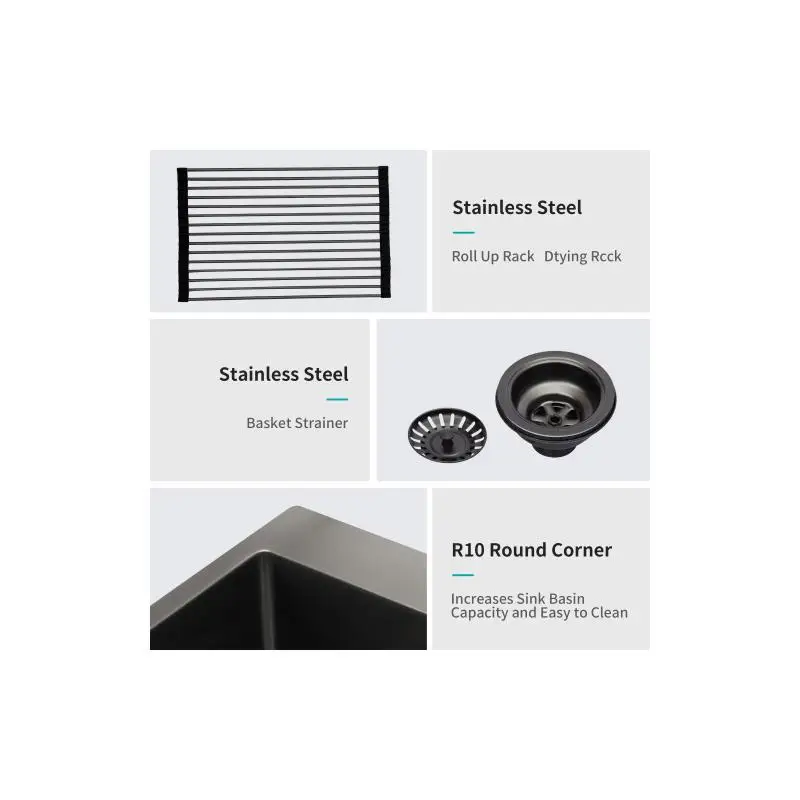 حوض مطبخ بوعاء واحد مقاس 30 × 18 × 9 بوصة - ستانلس ستيل 16 جيجا، عميق 9 بوصة، لمسة نهائية سوداء من المعدن الداكن، تصميم متين وأنيق