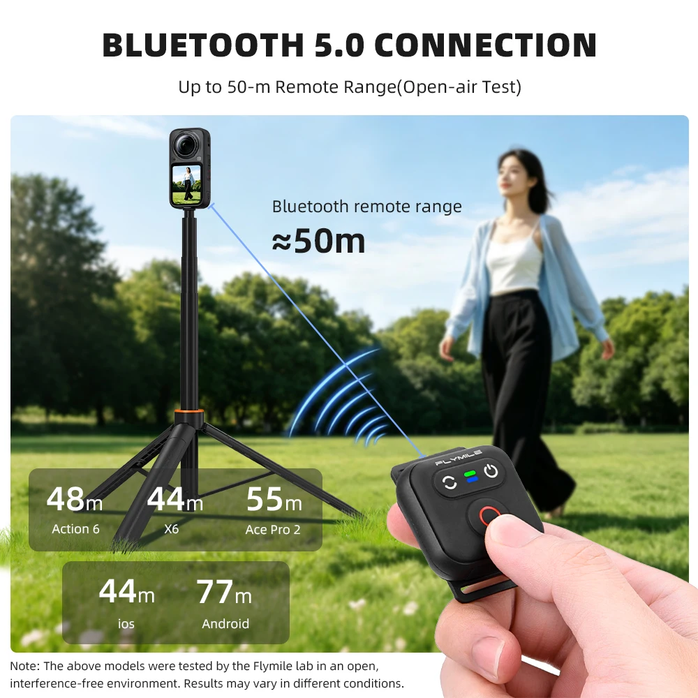 Flymile Bluetooth Remote Control for DJI Action Camera Osmo 360/Insta360 X6 X5 X4/Ace Pro/GO 3S Accessories 50M Controller