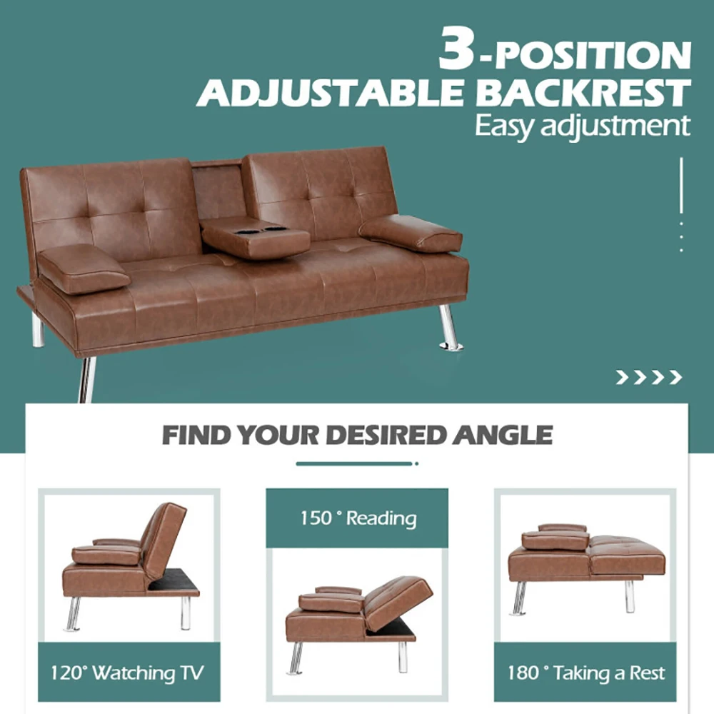 Finer Materials Higher Softness Convertible Folding Leather Futon Sofa with Cup Holders and Armrests image 5