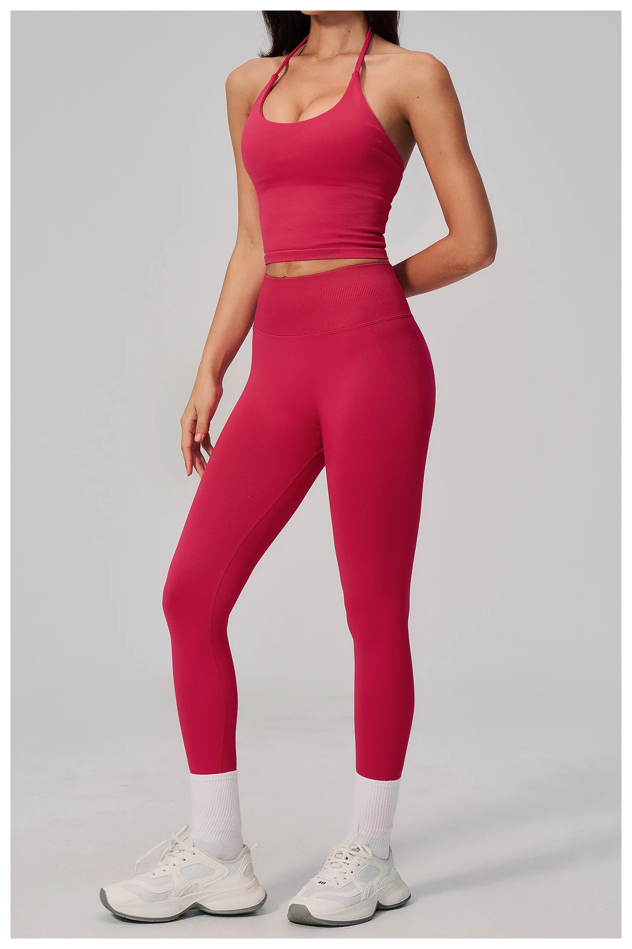 Women's Halter Neck Crop Tank Top with Built-in Bra and High Waist Ribbed Bike Shorts 2 Piece Yoga Set Seamless Workout Outfits