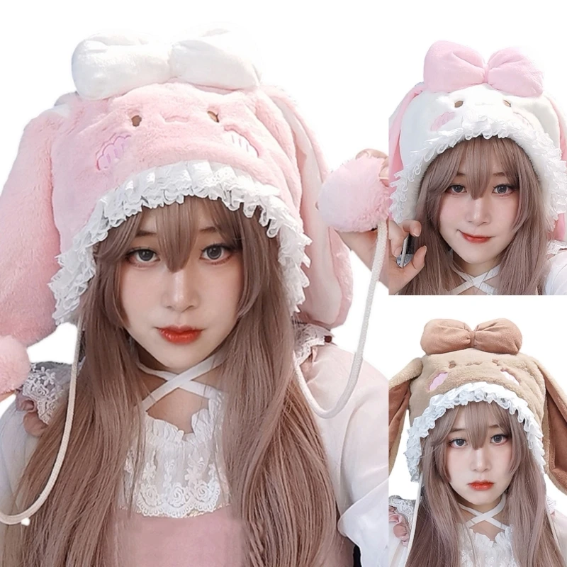 

Cartoon Bunny Ear Hat with Bowknot Winter Furry Lace Brim Hats for Women Plush Keep Warm Hats Cold Weather Supplies DXAA