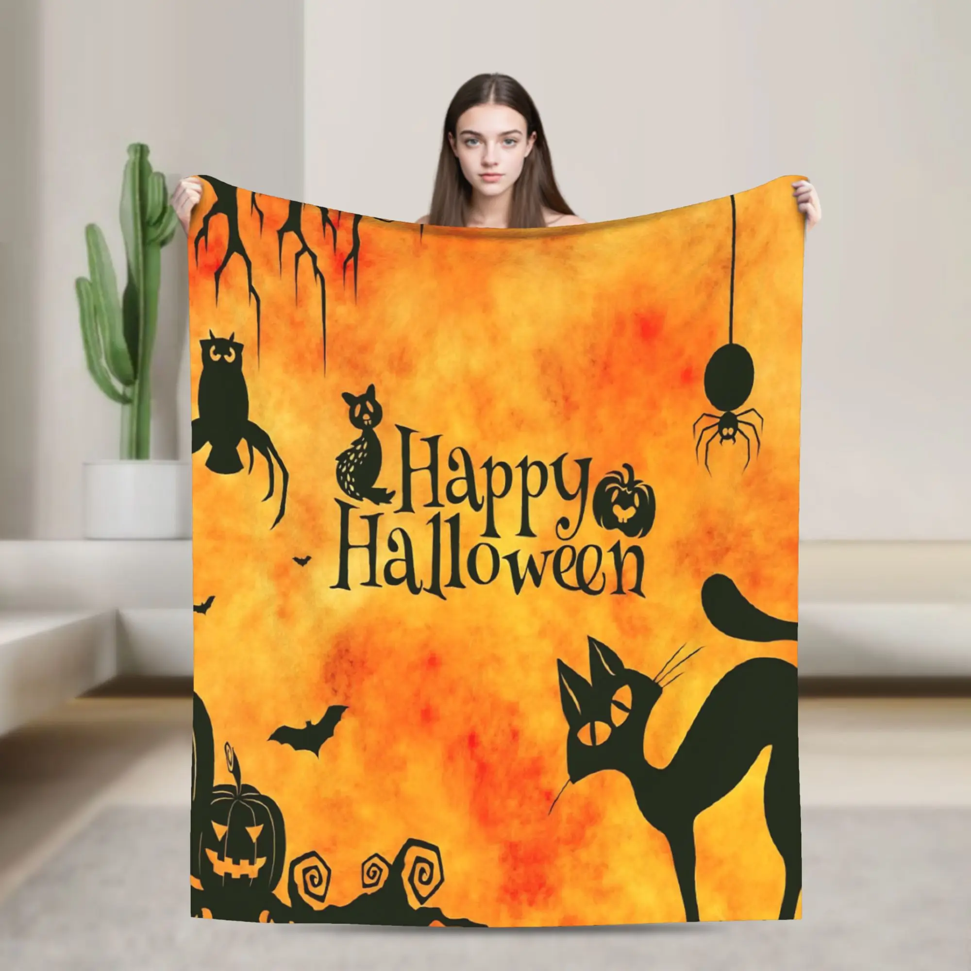 Happy Halloween Blankets Fleece Summer Air Conditioning Pumpkin Cat Multi-function Warm Throw Blanket for Bedding Bedspread