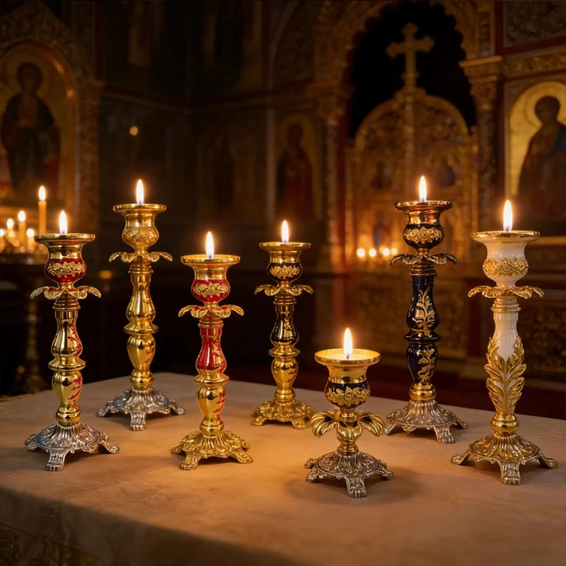 

Gold Plated Orthodox Catholic Enamel Candlestick with Floral Patterns for Church Liturgy Home Altar Prayer Devotion Christian