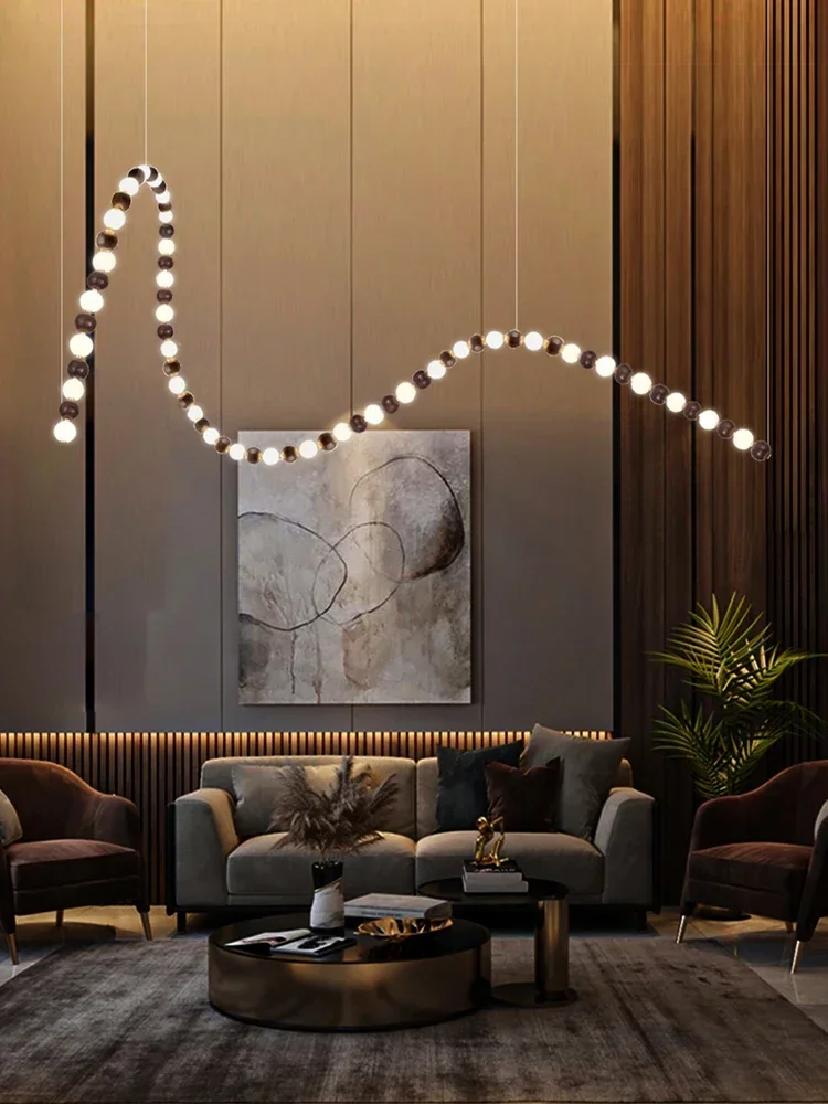 

New Trendy Pearl Necklace Design Modern LED Dimmable Duplex Building Chandeliers For Staircase Long Suspension Luminaire Lampen