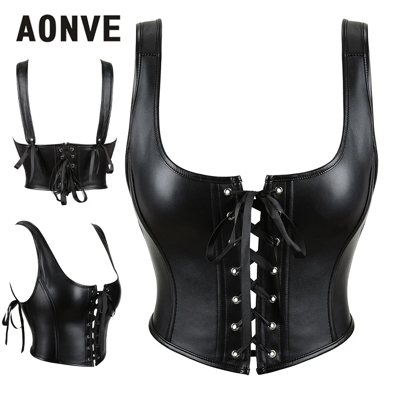 Aonve Steampunk Corset Bra Women Punk Goth Accessories Sexy Gothic Bustier Top Female Black Cotton And Faux Leather Bralette