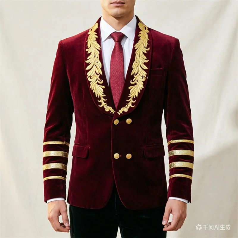 

Мужской роскошный бархатный костюм из двух предметов, европейский размер, с золотой вышивкой на воротнике и полосатыми манжетами, для официальных мероприятий/свадеб/вечеринок