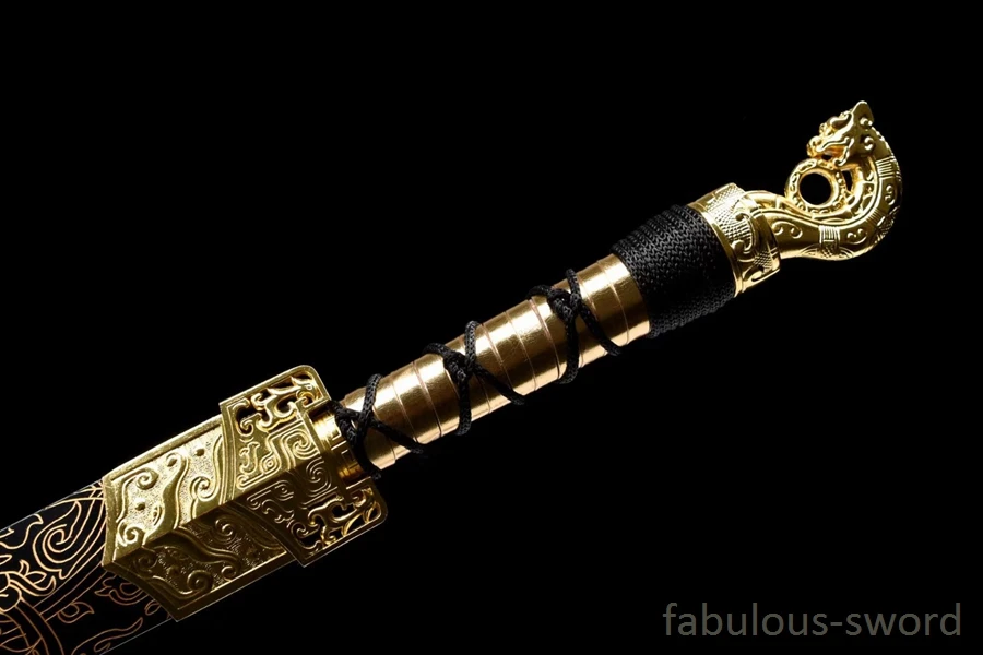 Meng steel black Carve flower Chines han sword gold dragon saya dragon handle