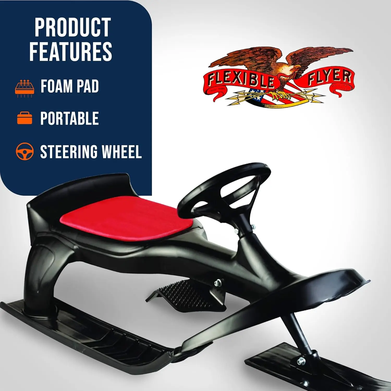 Steering Ski Sled with Brakes Plastic Snow Slider 45 X 20 X 18 Inches High Density Polyethylene Hard Plastic Padded Foam