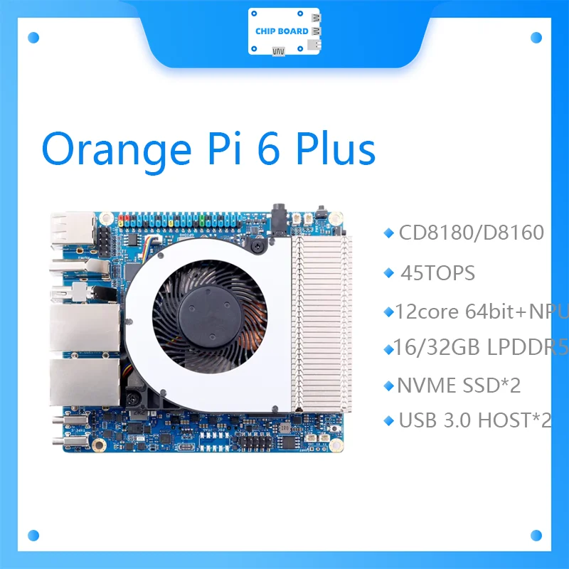 

Orange Pi 6 Plus CD8180/CD8160 SoC 12-core 64-bit Processor NPU 45TOPS AI Computation Dual NVMe SSD USB 3.0 Supports OpenHarmony