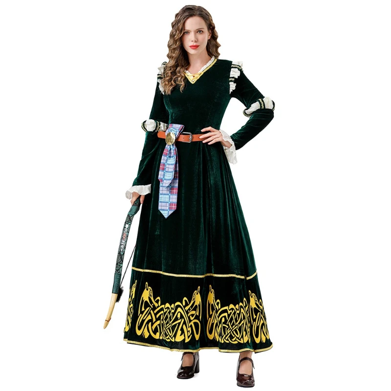 

Women Medieval Highland Warrior Gown Emerald Moss Velvet Dress Merida Inspired Celtic Costume for Halloween Stage Performances