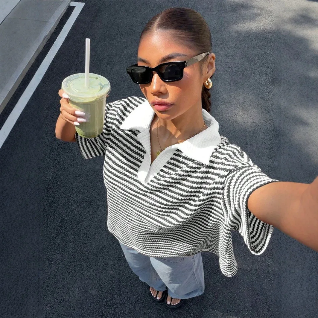 Women Striped Polo Knit Top Fashion Half Placket Short Sleeve Loose Textured Knitted Pullover Casual Basic Loose Versatile Top 3
