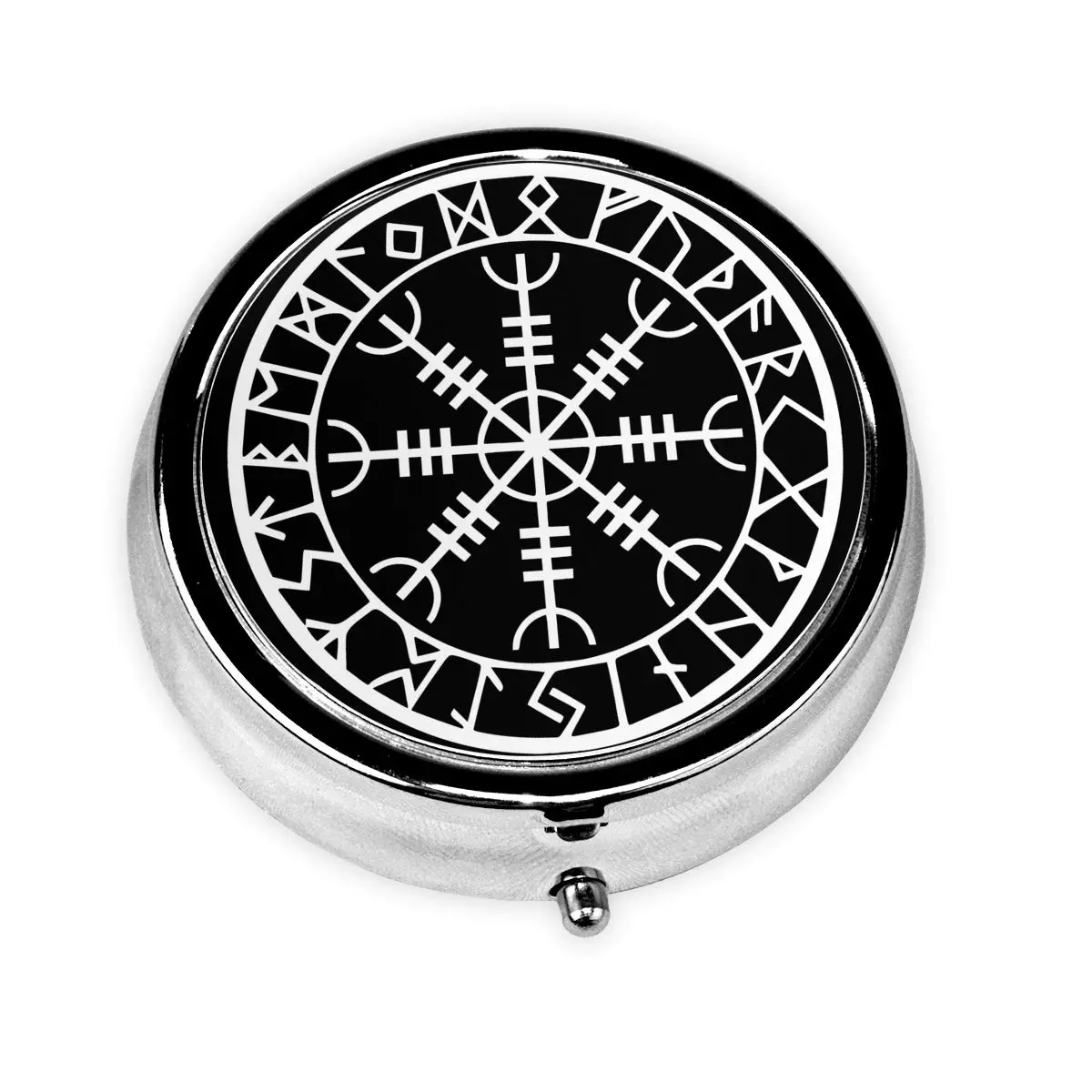 Viking Symbol Nordic Compass Portable Pill Box for Pocket or Purse Decorative Metal Medicine Vitamin Organizer Unique Gift