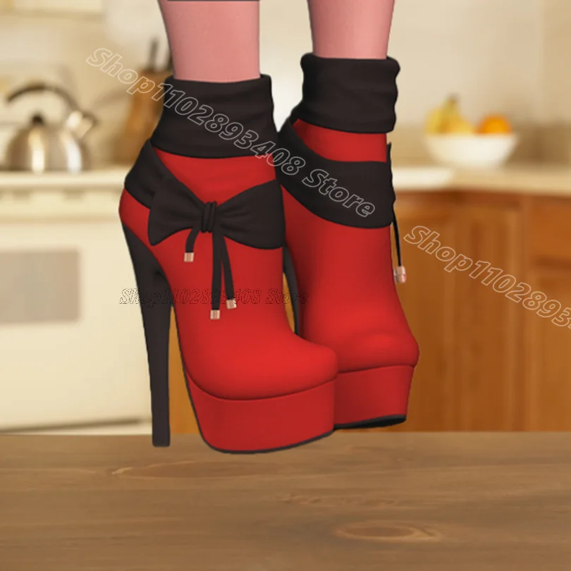 

Red Bowknot Platform Short Boots Thin High Heels Side Zipper British Style for Women Dress Party Boots 2026 Zapatos Para Mujere