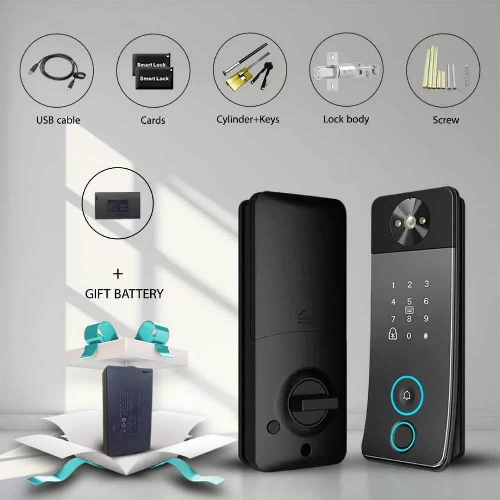 Smart Door Lock with Camera, Doorbell & Video Intercom – Keyless Entry Deadbolt, 5 Unlock Ways (Fingerprint, Password, Card, Key