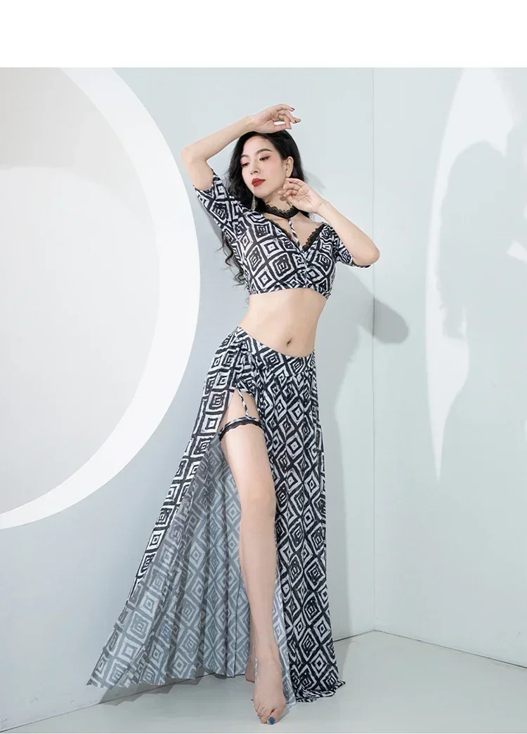 

Belly Dance Professional Women's Set Short Sleeve Collar Top+Split Long Skirt 2-Piece Indian Clothing Girl Belly Dance Print Set