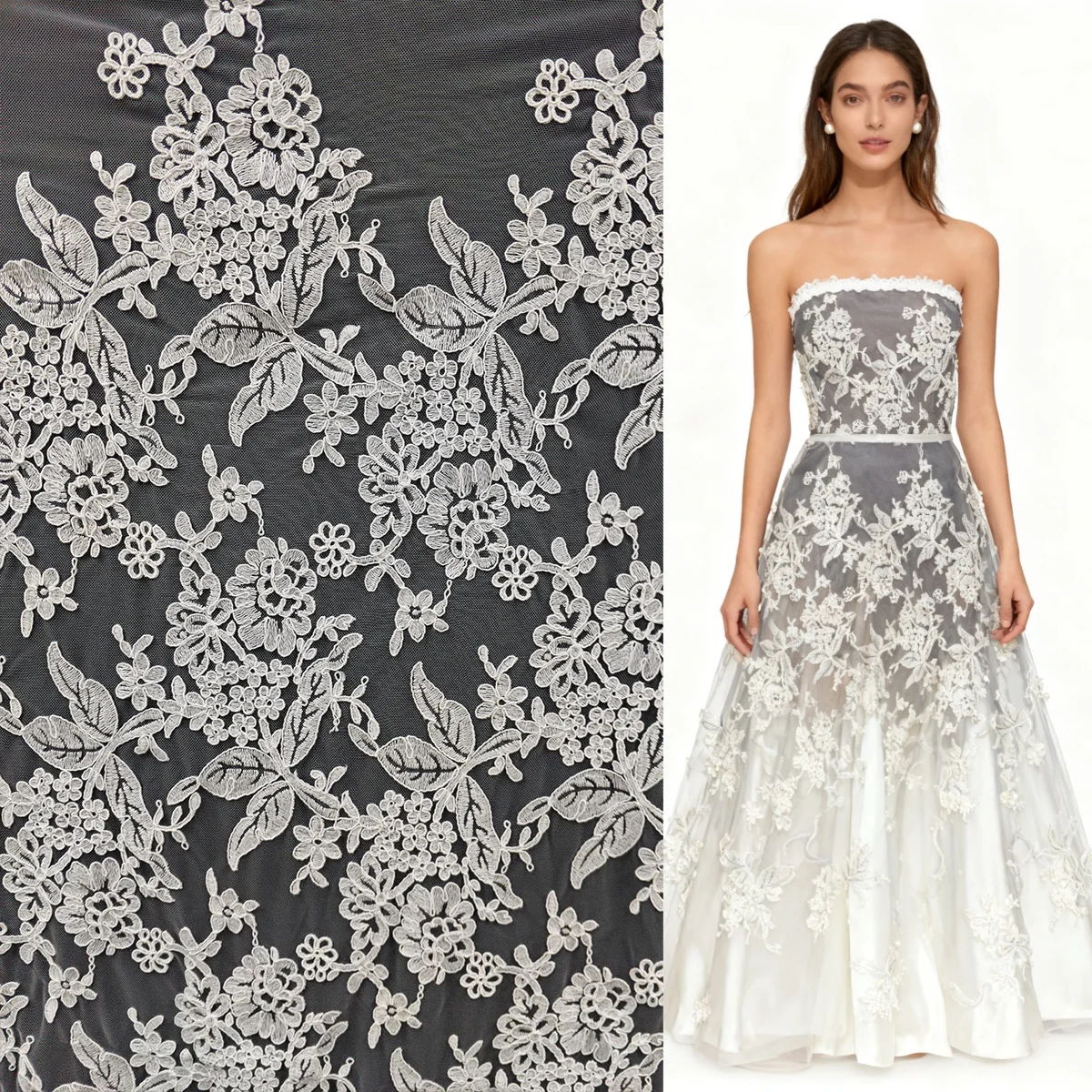 White car bones leaves lace fabric embroidered veil door curtain tablecloth wedding dress short skirt qipao accessories