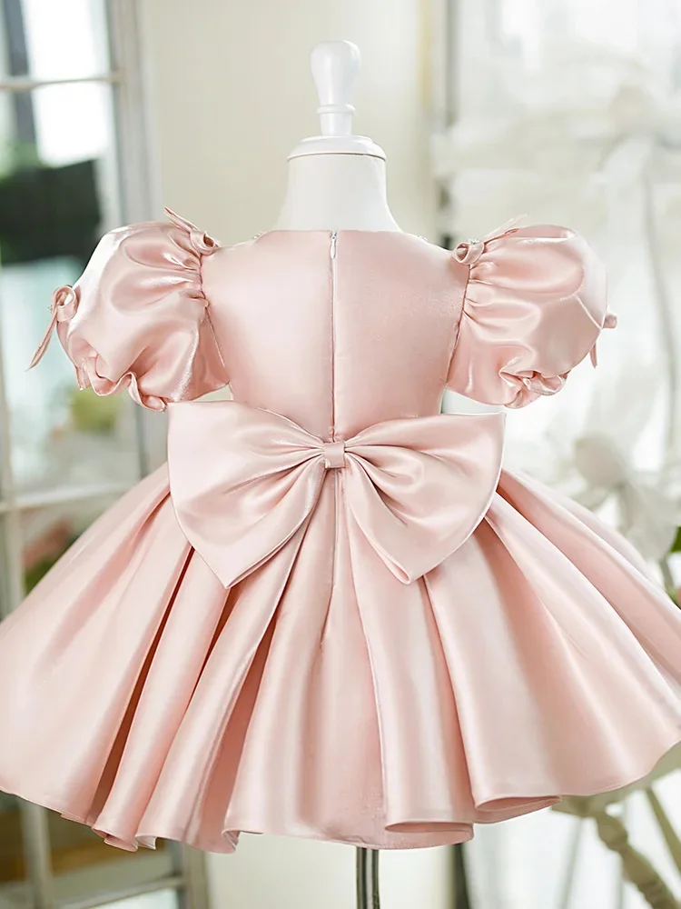 Elegante rosa Satin Perlen Perlen Blumen mädchen Kleid für Hochzeit knielang schönes Kind erste eucharis tische Geburtstags feier Kleid