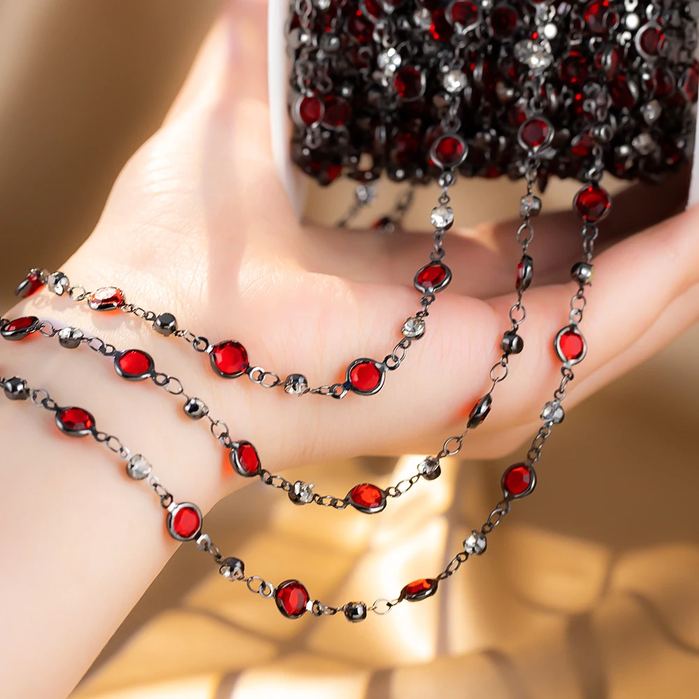 0.5M 1M Gun Black Copper Chains With Red And White Glass Round Beads for DIY Bracelet Necklace Holiday Clothing Jewelry Making
