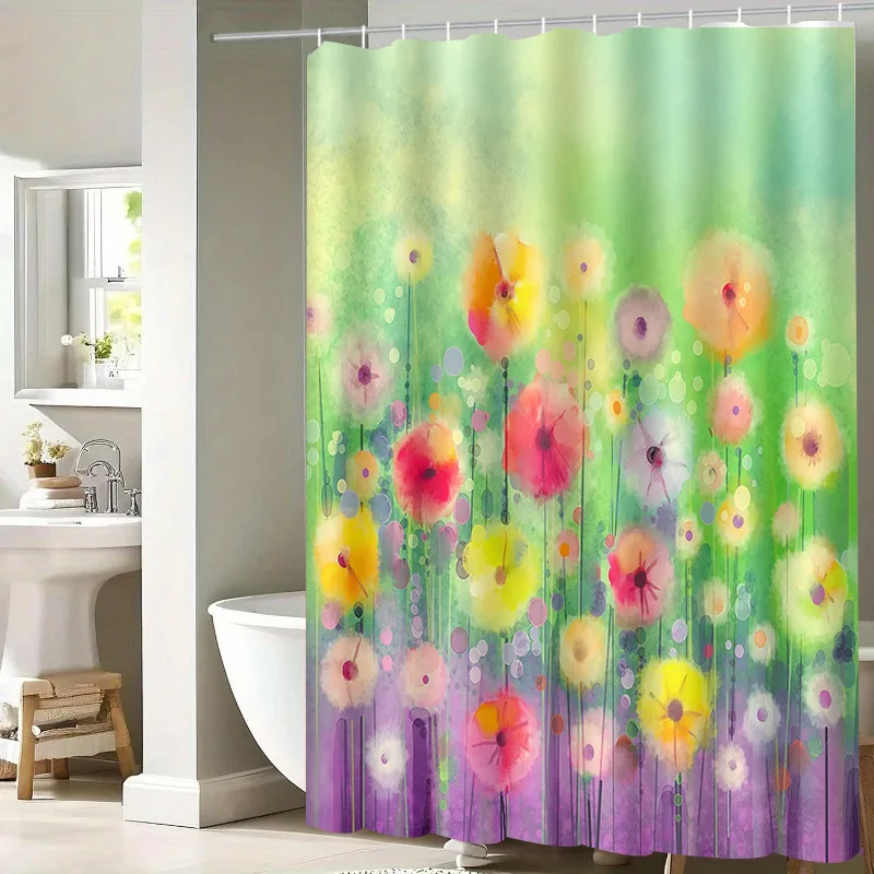

Colored flowers in the field washable Dirt-Resistant Shower Curtain Shower Head waterproof Polyester Bath Curtain For Home Decor