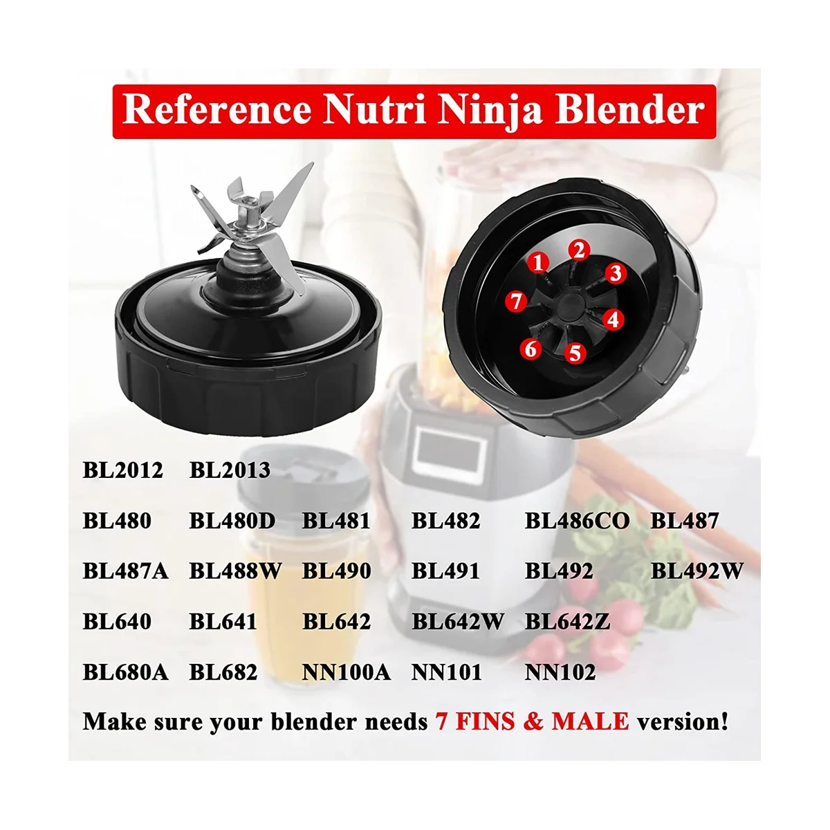 Replacement Blender Cups for Ninja BN801-24 Oz Bullet Cups with 7 Fins Blades Parts Fit Nutri Ninja BL480 BL482 BL642