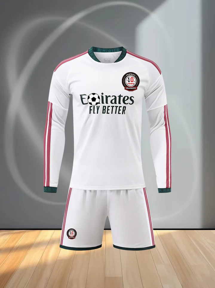 Men White Long Sleeve Football Jersey Set Soccer Uniform Quick Dry Breathable Shirt Shorts Kit For Training Match