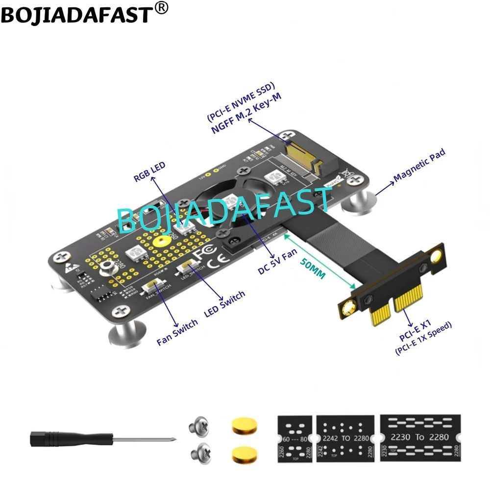 

PCI-E 3.0 1X to NGFF M.2 Key-M Key B+M 2280 M2 NVME SSD Adapter Converter Card Cooling Fan With High Speed Data Cable 5CM