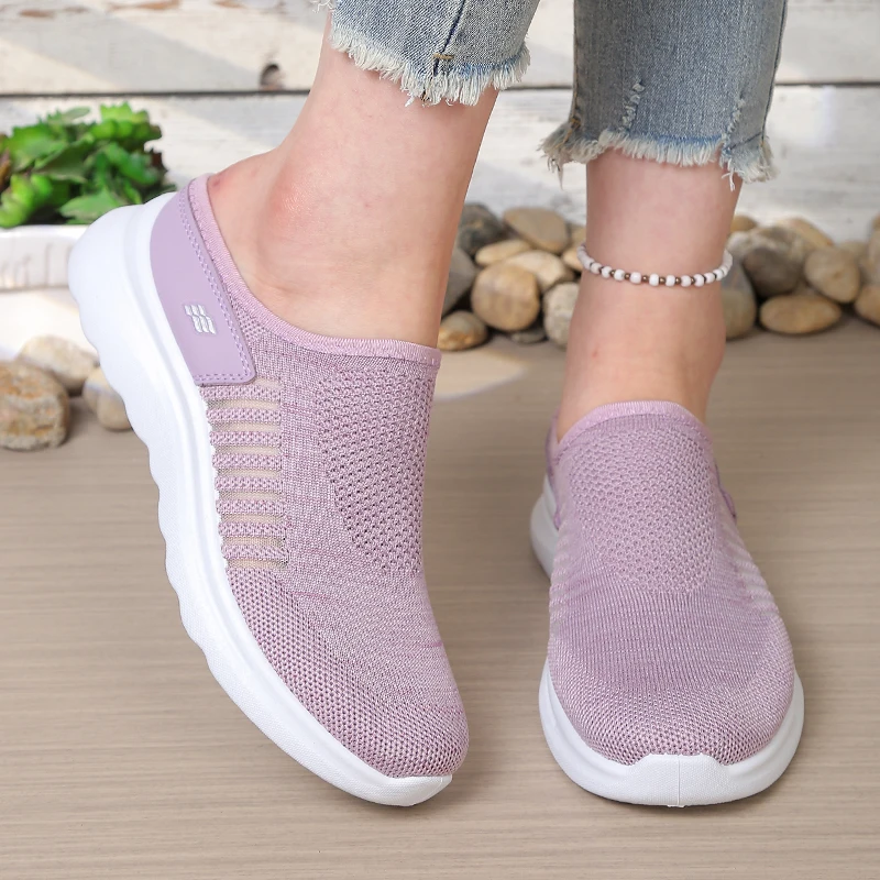 Women's Open Heel Slip-On Shoes, Hollow Vertical Striped Knit Mesh Upper, Wavy Contour Thick Sole Rear Cutout Walking Footwear - view 3