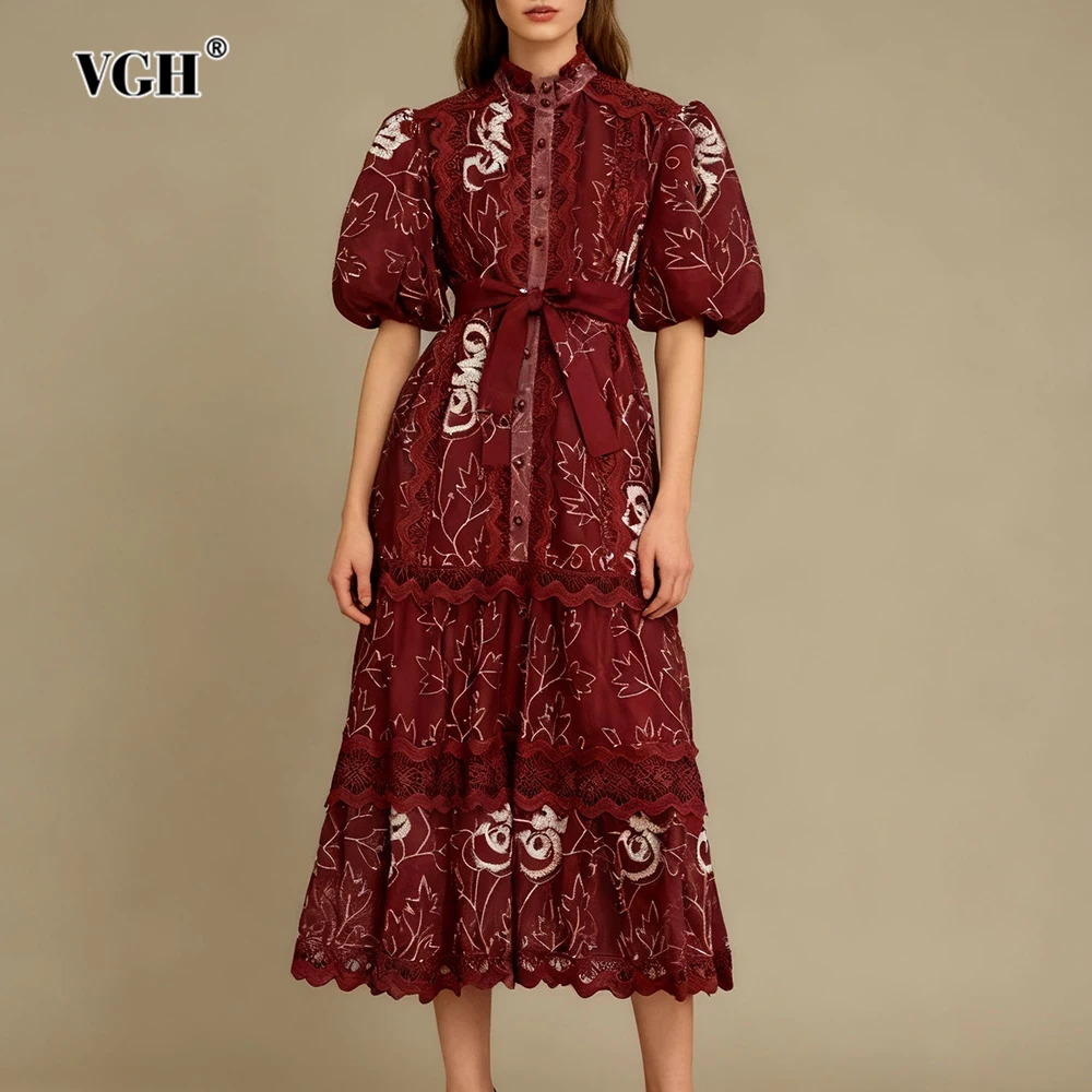 

VGH свадебное платье для гостей с цветочной вышивкой для женщин, воротник-стойка, пышные рукава, тонкие элегантные женские платья в стиле ретро на шнуровке