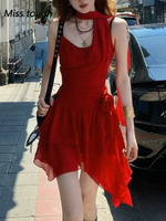 Summer Women Dress Red Asymmetrical Hem Sleeveless High Waist Layered Mesh Mini Dress Sexy Elegant Slim Fit French Style Outfit