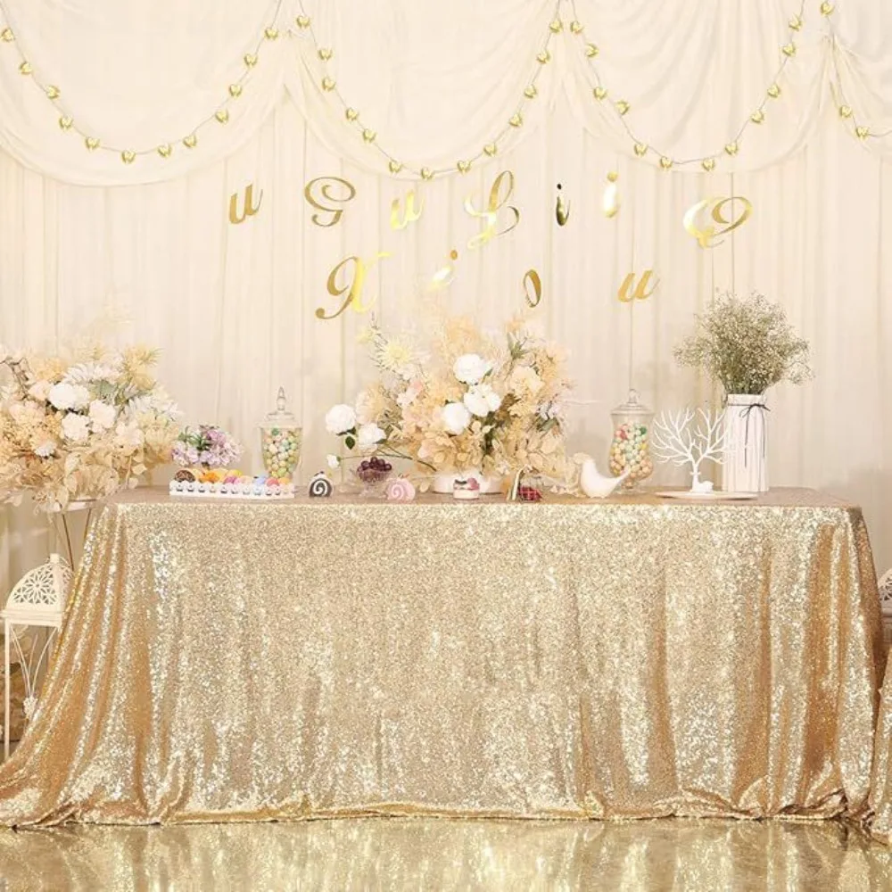 Practical Rectangular Party Sequin Tablecloth Sparkling Polyester Table Linen Solid Color Table Decoration Baby Shower